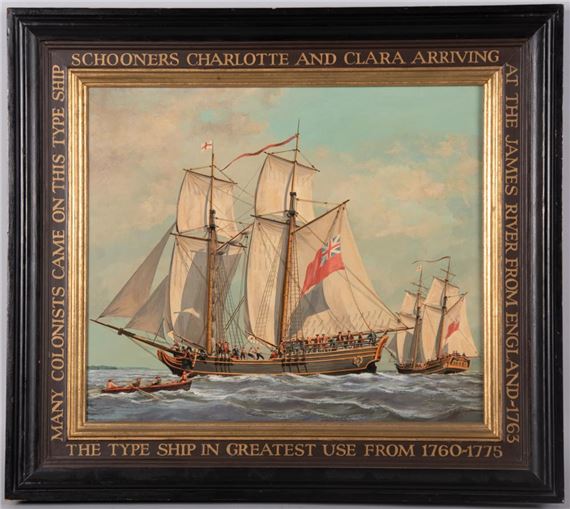 A framed maritime painting depicting two large sailing ships arriving at a river mouth with smaller boats nearby.