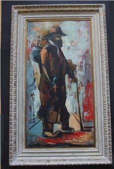 ) Oil on canvas featuring a hobo roaming the street of Paris - Felix Felmart
