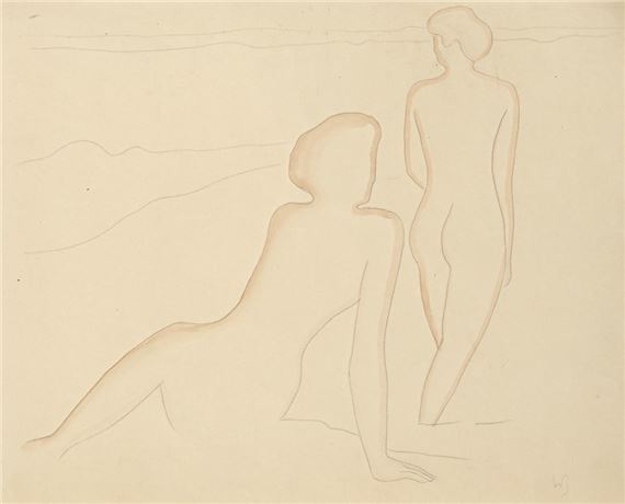 Two female nudes in front of an implied landscape, c.