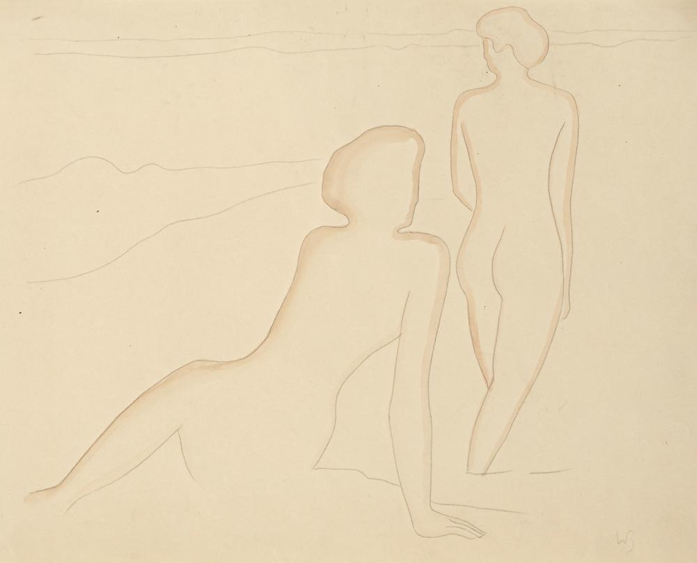 Artwork by Willi Baumeister, Two female nudes in front of an implied landscape, c., Made of Pencil and watercolour on paper