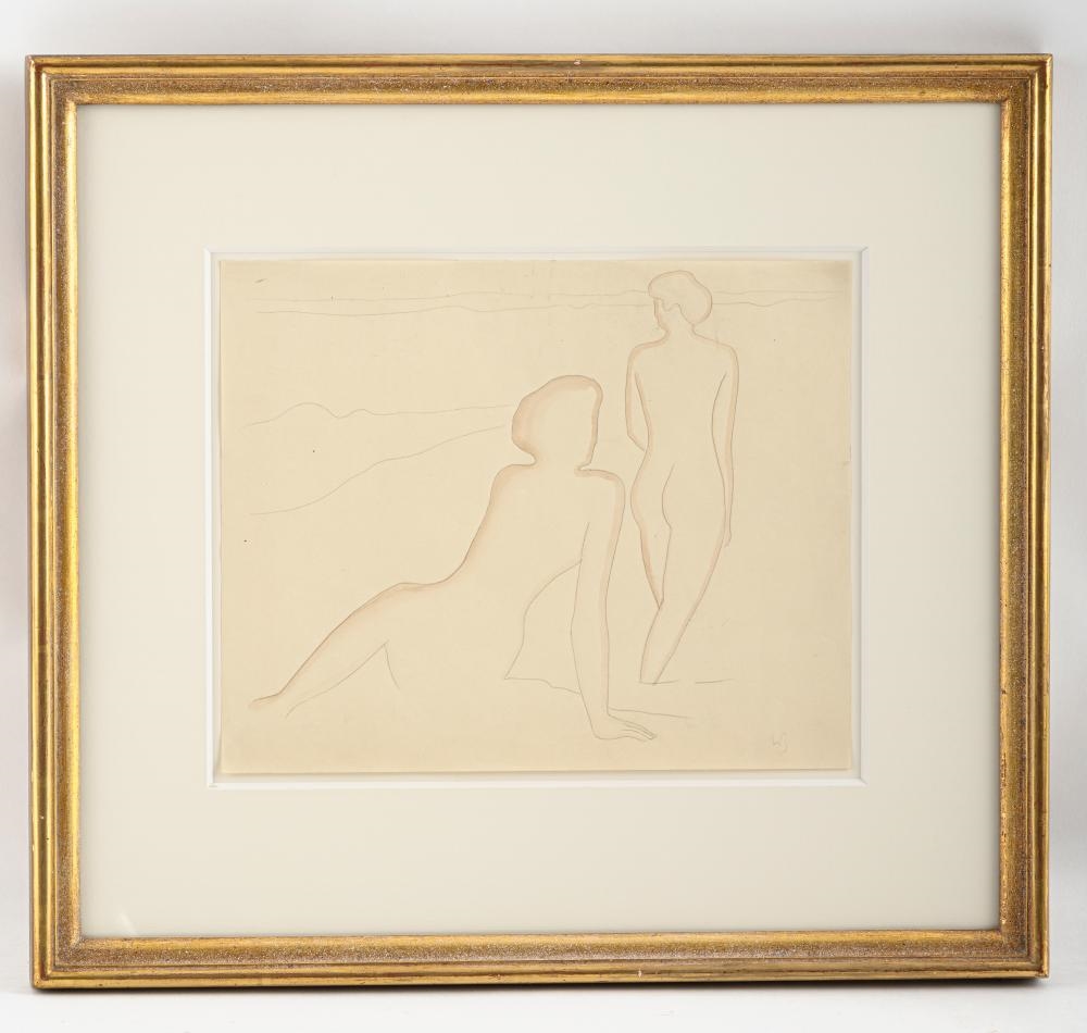 Artwork by Willi Baumeister, Two female nudes in front of an implied landscape, c., Made of Pencil and watercolour on paper