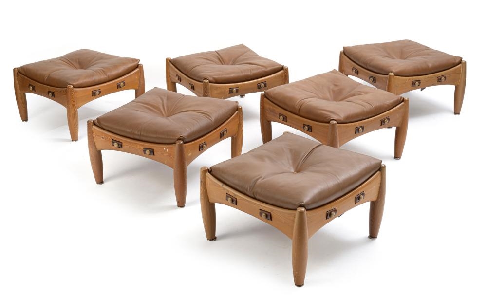 Artwork by Sergio Rodriguez, Six rectangular stools, "Sheriff" model., Made of pine, leather