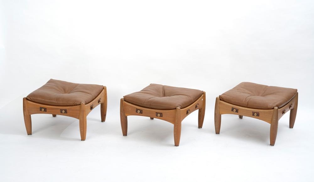 Artwork by Sergio Rodriguez, Six rectangular stools, "Sheriff" model., Made of pine, leather