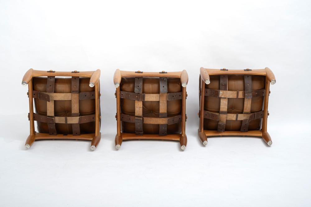 Artwork by Sergio Rodriguez, Six rectangular stools, "Sheriff" model., Made of pine, leather
