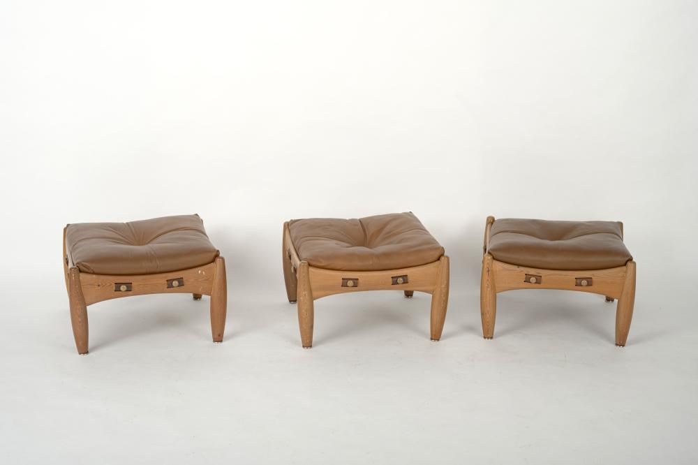 Artwork by Sergio Rodriguez, Six rectangular stools, "Sheriff" model., Made of pine, leather
