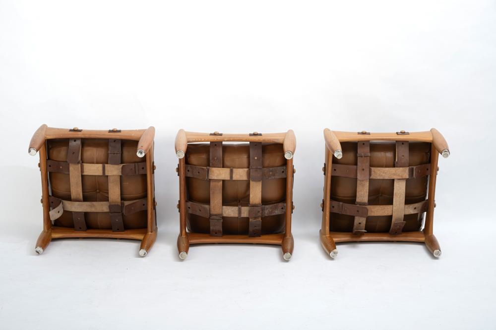 Artwork by Sergio Rodriguez, Six rectangular stools, "Sheriff" model., Made of pine, leather
