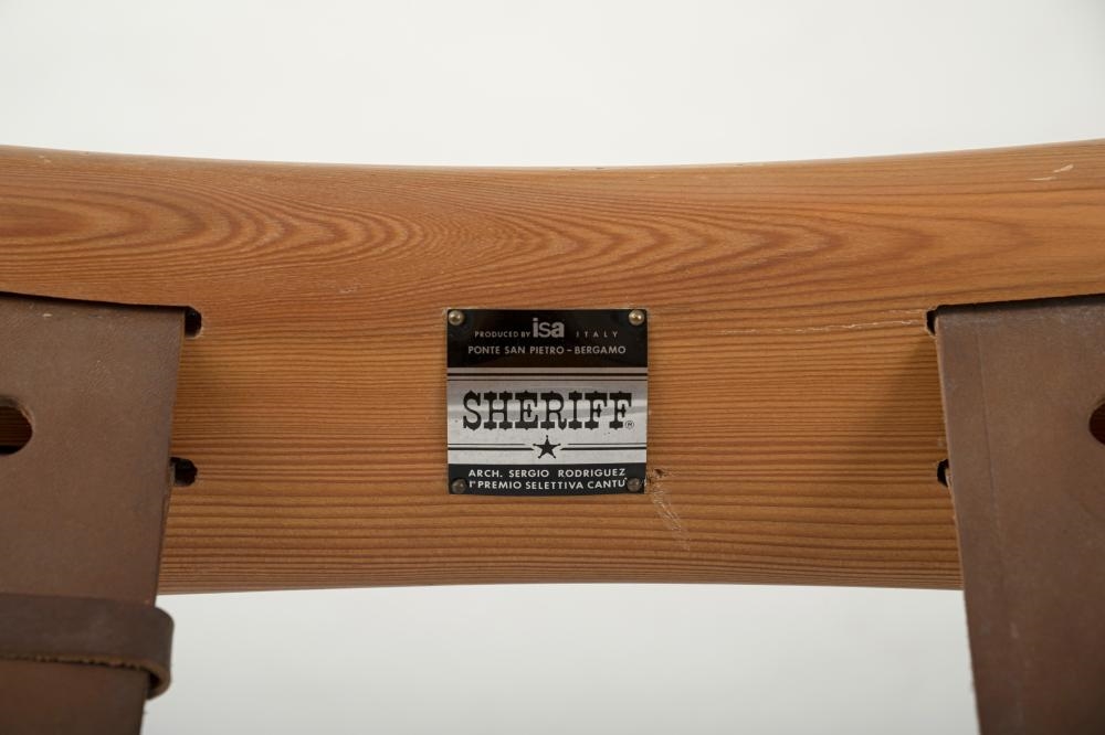 Artwork by Sergio Rodriguez, Six rectangular stools, "Sheriff" model., Made of pine, leather