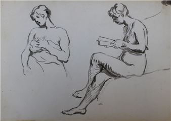 Ernest] - Notebook of drawings and washes attributed to Ernest Rouart. Oblong linen notebook (16.8 x 24.8 cm with frayed edges) of 45 ff. with 68 female subjects in sketches: 14 washes and 54 pencil drawings - Ernest Rouart