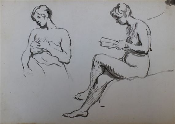 Ernest] - Notebook of drawings and washes attributed to Ernest Rouart. Oblong linen notebook (16.8 x 24.8 cm with frayed edges) of 45 ff. with 68 female subjects in sketches: 14 washes and 54 pencil drawings - Ernest Rouart