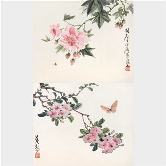 Two blooms of flowers, grass and insects - Huang Dingping