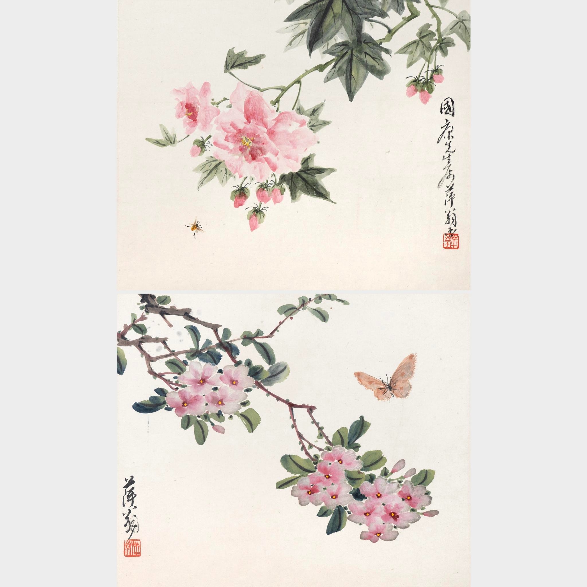 Artwork by Huang Dingping, Two blooms of flowers, grass and insects