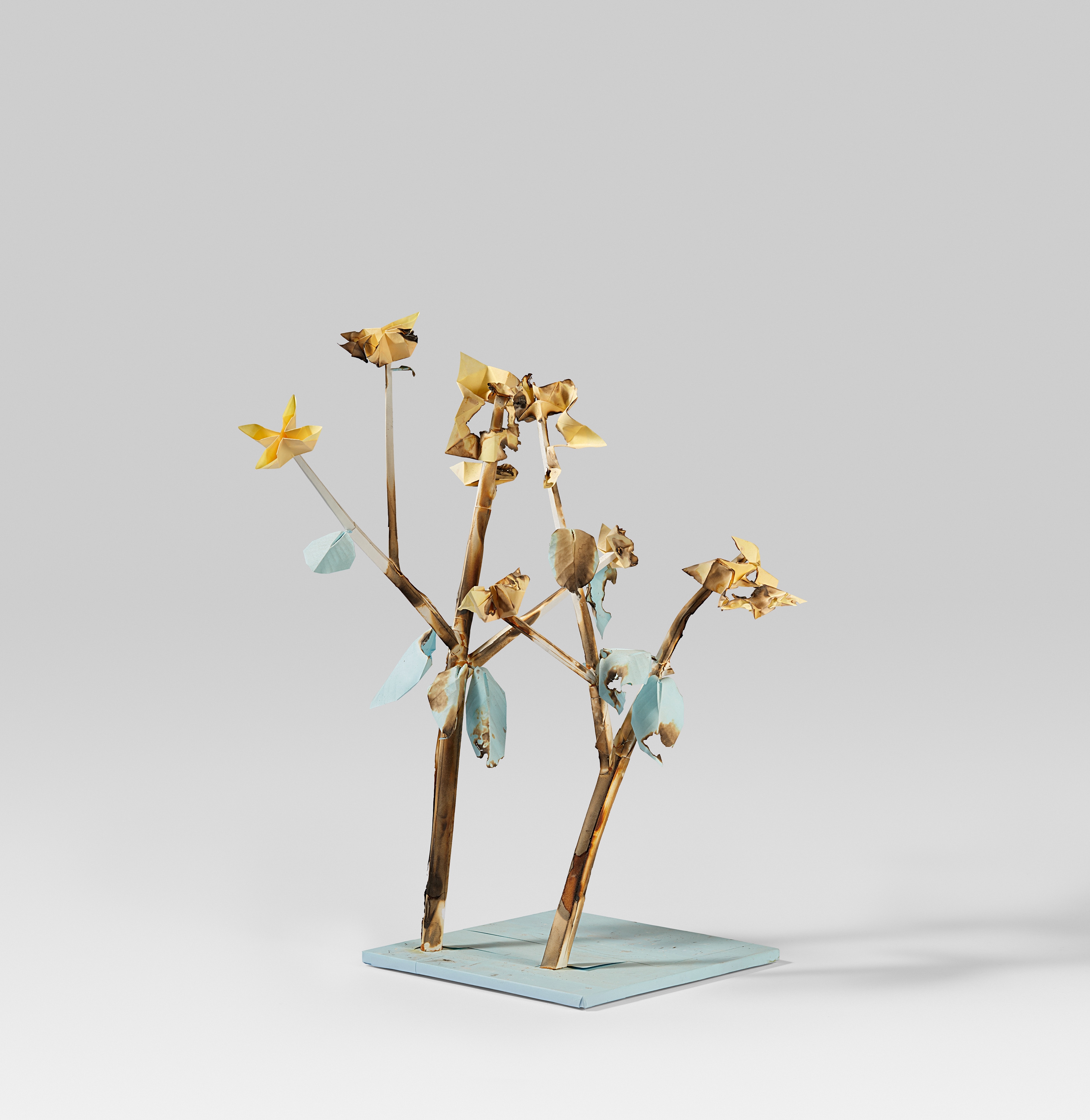 Artwork by Tobias Rehberger, Kaputte Zwergenmutter 19, Made of Papier (teilweise verkohlt), Draht, Holz, Bauschaum