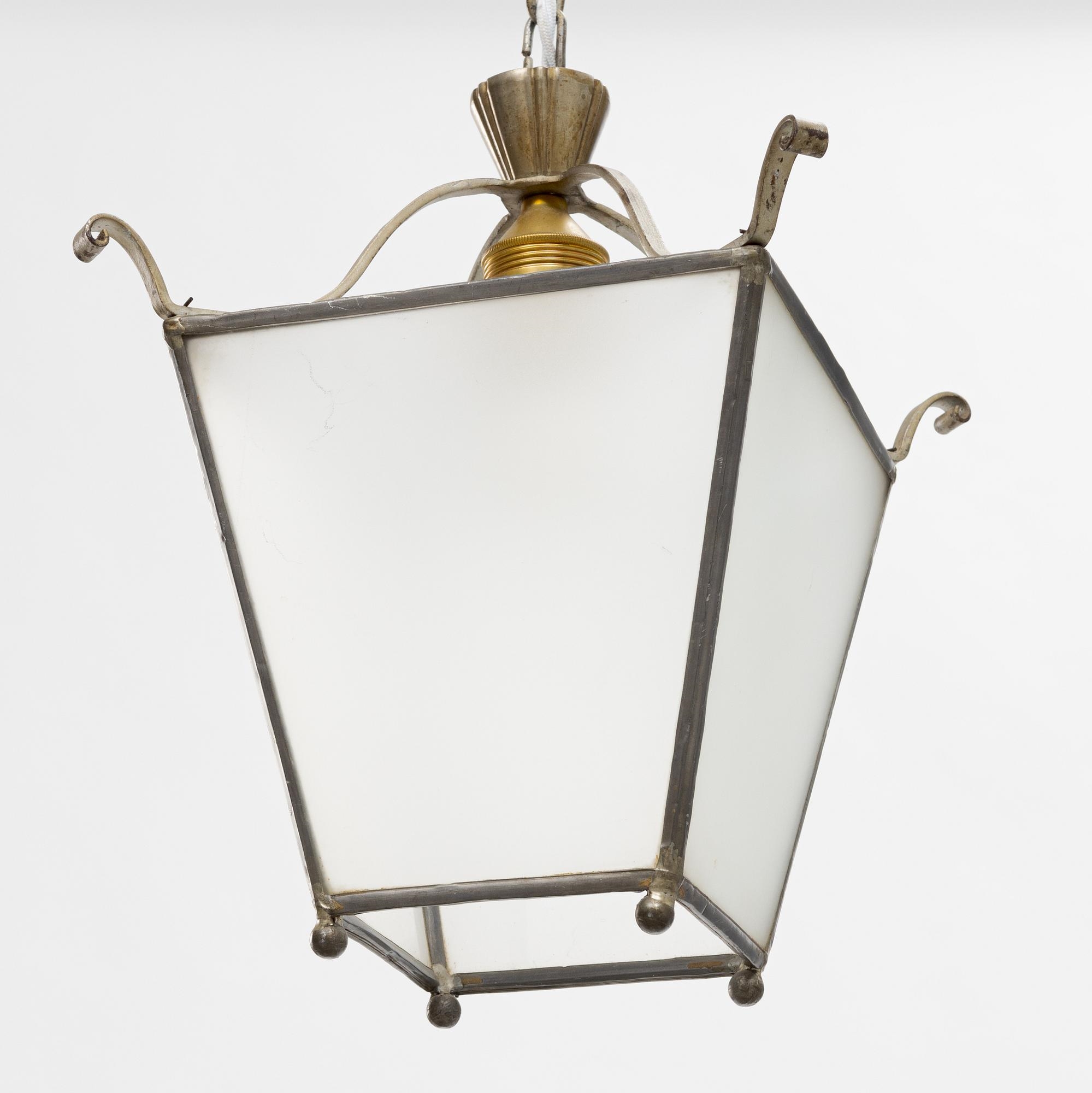 Artwork by Harald Notini, a ceiling lamp model "6401", Arvid Böhlmarks Lampvarufabrik, 1920s-30s, Made of glass, wood and leather