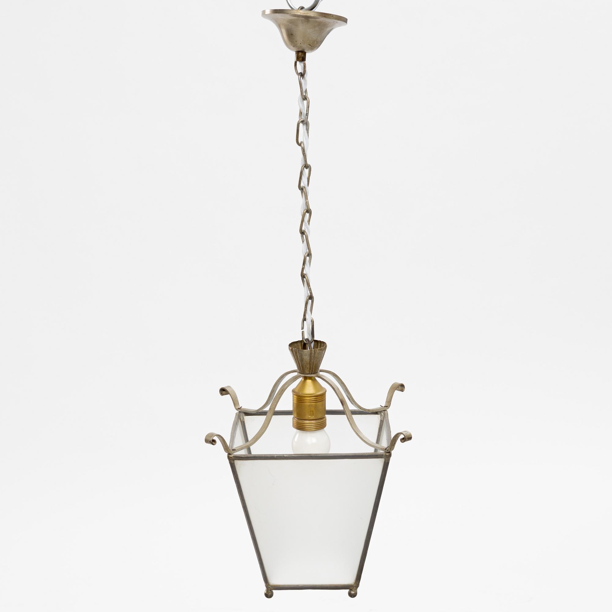 Artwork by Harald Notini, a ceiling lamp model "6401", Arvid Böhlmarks Lampvarufabrik, 1920s-30s, Made of glass, wood and leather