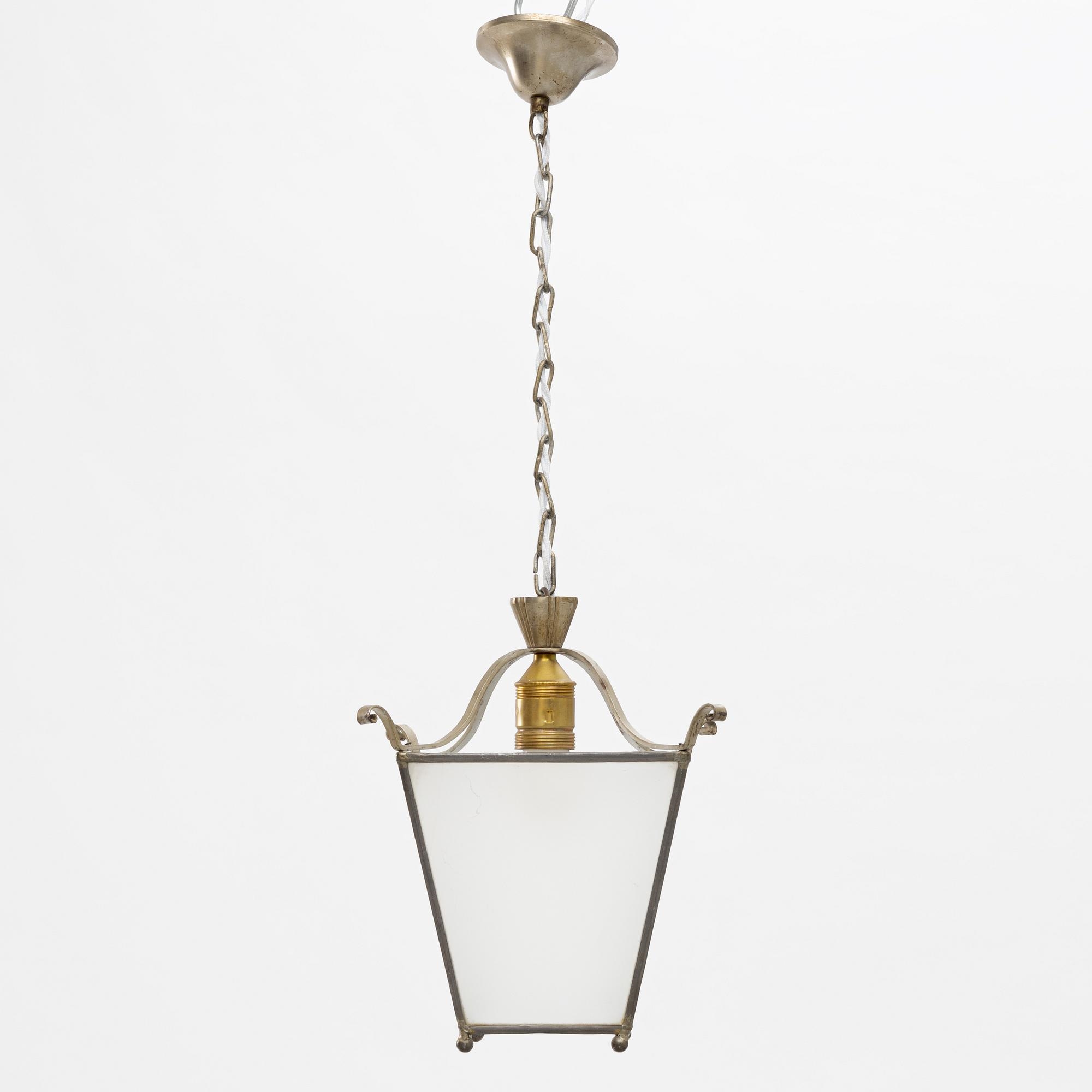 Artwork by Harald Notini, a ceiling lamp model "6401", Arvid Böhlmarks Lampvarufabrik, 1920s-30s, Made of glass, wood and leather