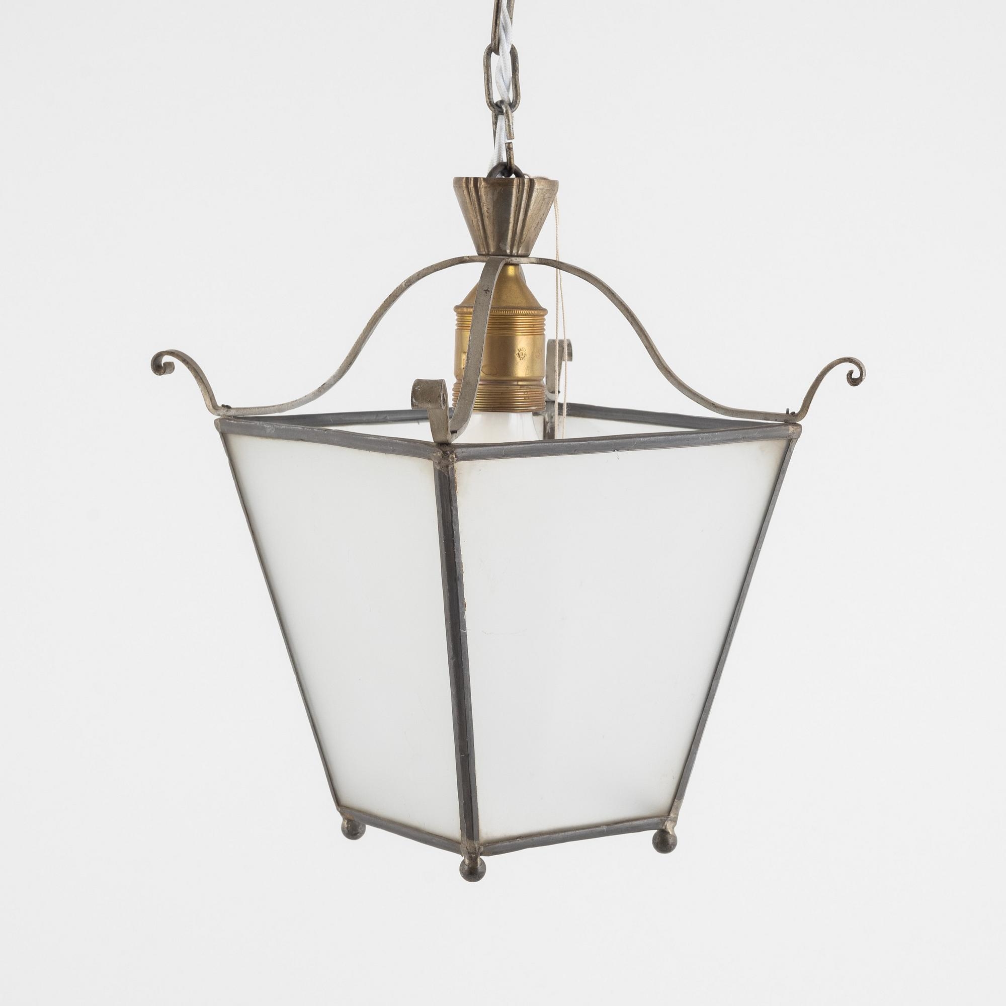 Artwork by Harald Notini, a ceiling lamp model "6401", Arvid Böhlmarks Lampvarufabrik, 1920s-30s, Made of glass, wood and leather