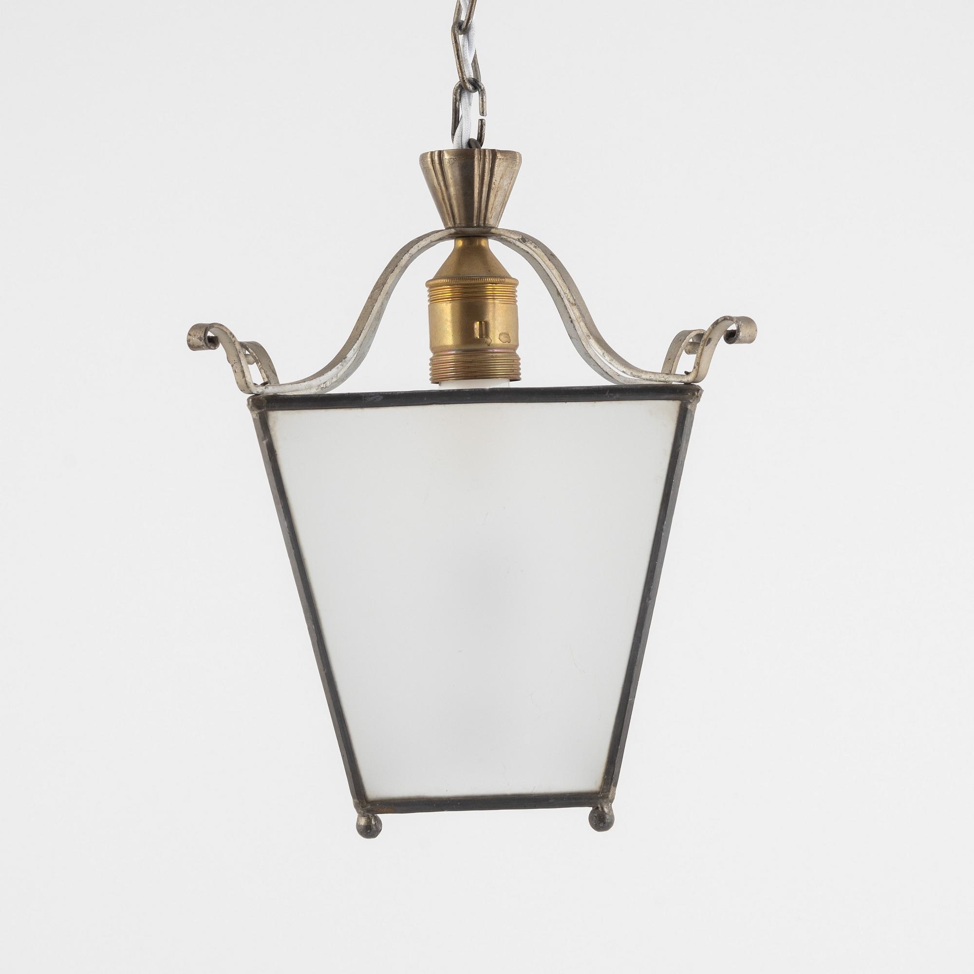 Artwork by Harald Notini, a ceiling lamp model "6401", Arvid Böhlmarks Lampvarufabrik, 1920s-30s, Made of glass, wood and leather