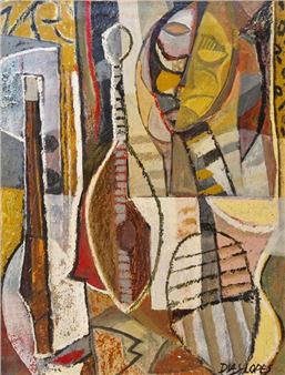 DIAS-LOPES Nelson, born 1947 Still life with guitars Mixed media on cardboard mounted on canvas, signed lower right, countersigned on the back, 61 x 46 cm - Nelson Dias Lopes