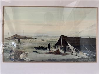 Two  paintings depicting: Fishing boats on the shoreline and a desert scene with figures, both - Taha El Gamal