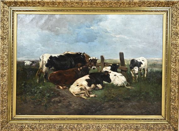 Henry Schouten. 1857 - 1927. Belgische School. Kapitaal werk. Landschap met rustende koeien. Olieverf op linnen. Afmeting: H 90 x B 130 cm. In goede staat by Henry Schouten