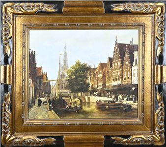 L. Bachman. Tweede helft 20e eeuw. Hollands stadsgezicht met gracht en figuren. Olieverf op linnen. Afmeting: H 40 x B 50 cm. In goede staat - Lisa Bachman