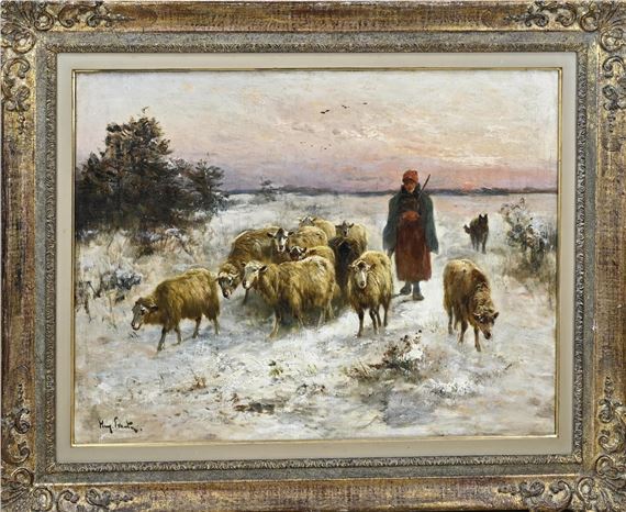 Henry Schouten. 1857 - 1927. Belgische School. Winterse avond met schapen en herderin. Olieverf op linnen. Afmeting: H 60 x B 80 cm. In goede staat by Henry Schouten