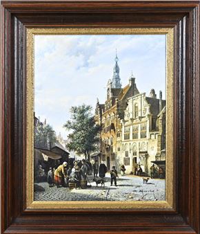 Gerrit Meester. 1935 - . Hollands stadsgezicht met figuren. Olieverf op linnen. Afmeting: H 41 x B 32 cm. In goede staat - Gerrit Meester