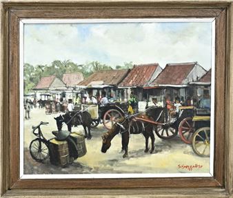 S. Sorentoro. '77. Markt met paardenkarren. Olieverf op linnen. Afmeting: H 40 x B 50 cm. In goede staat - S. Sorentoro