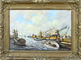 J. van Driels. 20e Eeuw. Rotterdamse haven. Olieverf op linnen. Afmeting: H 40 x B 60 cm. In goede staat - Egbert van Drielst