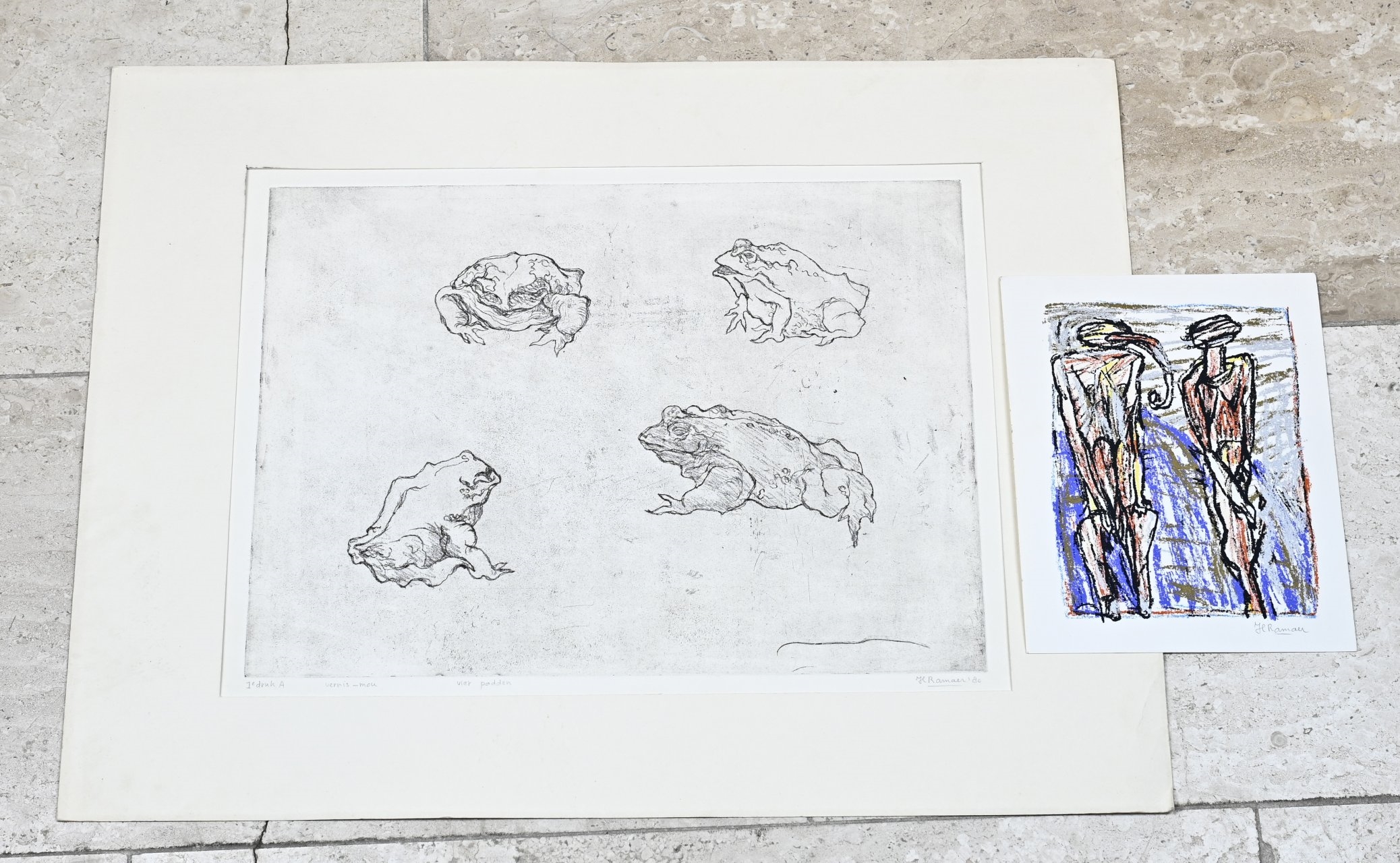 Artwork by Hannie Ramaer, Hannie Ramaer. 1946 - Ets + lithografie. Ets met kikkers, Made of lithograph