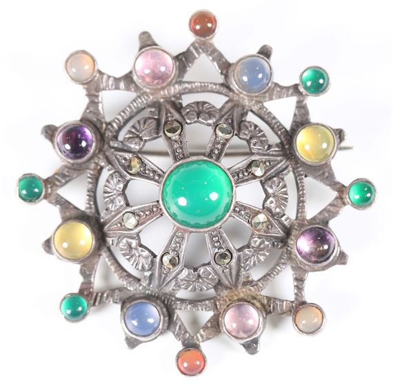 An early 20th century Arts and Crafts silver and varicoloured gemstone set brooch by Sybil Dunlop - Sybil Dunlop