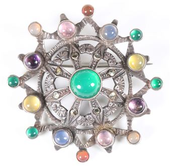 An early 20th century Arts and Crafts silver and varicoloured gemstone set brooch by Sybil Dunlop - Sybil Dunlop