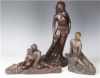 a modern limited edition cast bronze figure of a lady seated on a rocky outcrop - John Letts