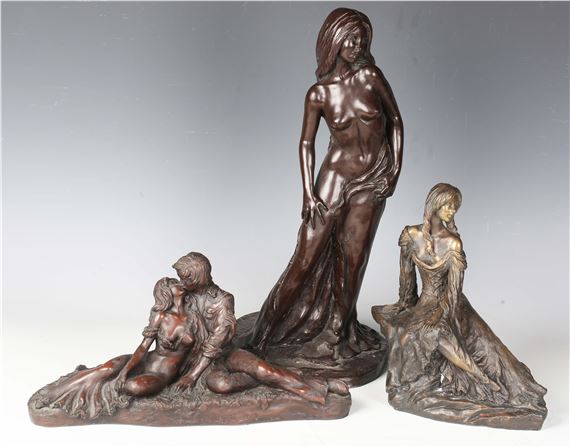 a modern limited edition cast bronze figure of a lady seated on a rocky outcrop - John Letts