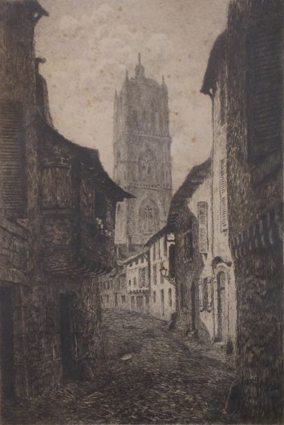Artwork by Eugène Viala, Rue au pied de la cathédrale, Made of etching
