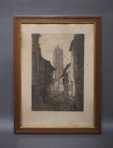 Artwork by Eugène Viala, Rue au pied de la cathédrale, Made of etching
