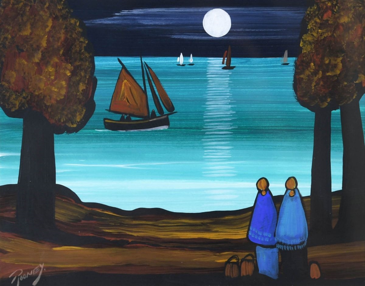 Artwork by John Rooney, Moonlit Lough, Made of Gouache