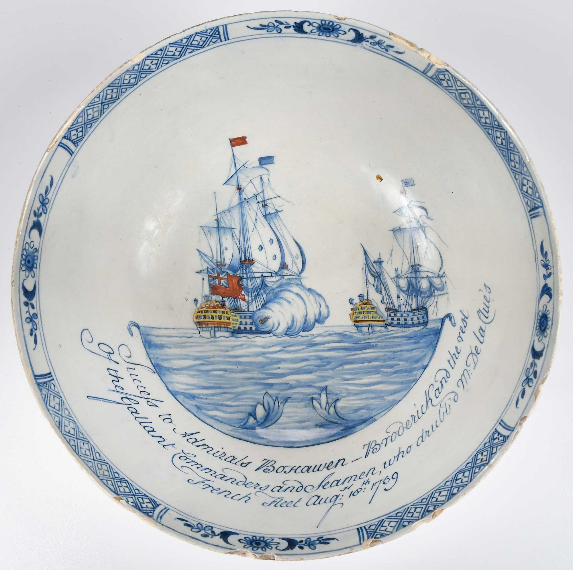 Artwork by John Howard, This rare bowl commemorates the Seven Years War battle between the French and British Navy's outside the port of Lagos in Portugal., Made of Polychrome