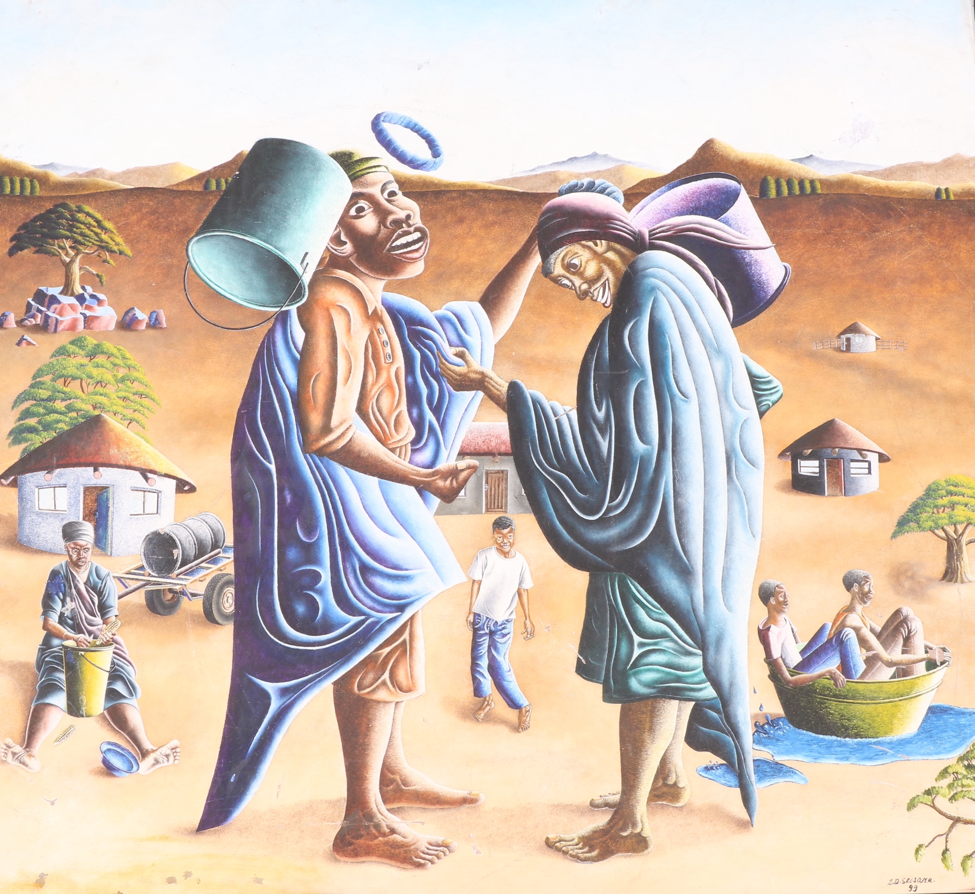 Artwork by Zondi Skosana, HEADING FOR WATER, Made of oil on board