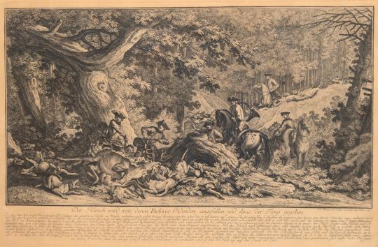 "Der Hirsch wird von denen Parforce Hunden angefall by Johann Elias Ridinger, dat. 1756