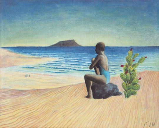 Frau auf einem Stein sitzend und auf das Meer blickend - Jorge Fin (1963)