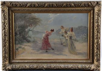 The croquet game".  signed lower left. H. 50 x W. 80 cm. Collection : Bernard MOSCODIER - Albert Matignon