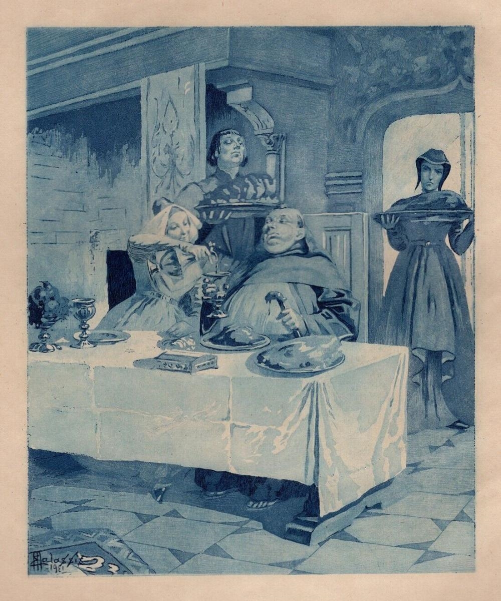 Artwork by Edmond Malassis, The Gentleman's Dinner Party I (Le dîner du Gentleman I) (Cent Nouvelles Nouvelles), Made of copper plate engraving