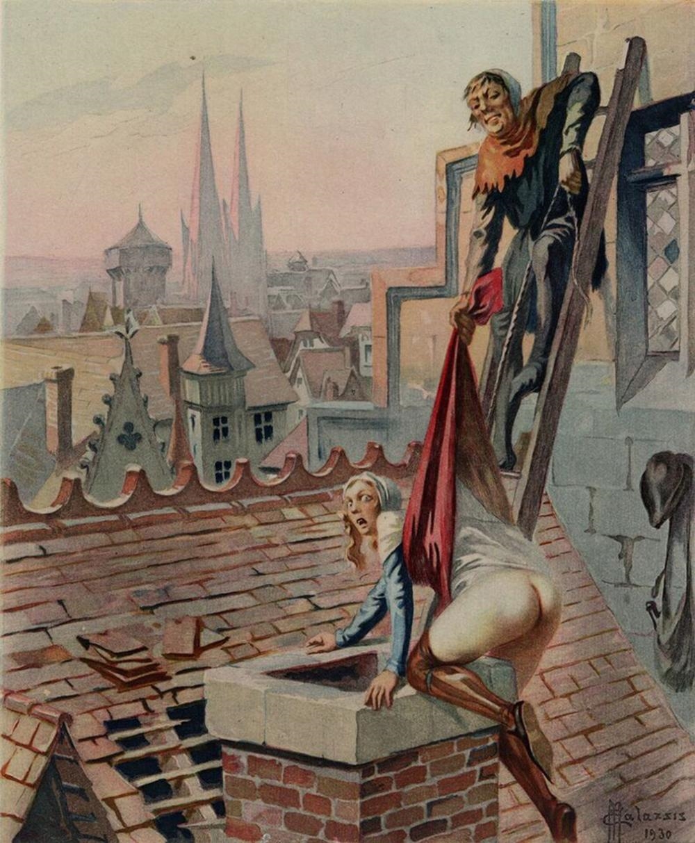 Artwork by Edmond Malassis, The Chimney Entrance (L'entrée de la Cheminée II) (Cent Nouvelles Nouvelles), Made of color engraving