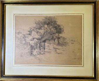 Algerian landscape with nomads resting in the shade of a few trees growing on rocks - Pierre Edmond Hedouin