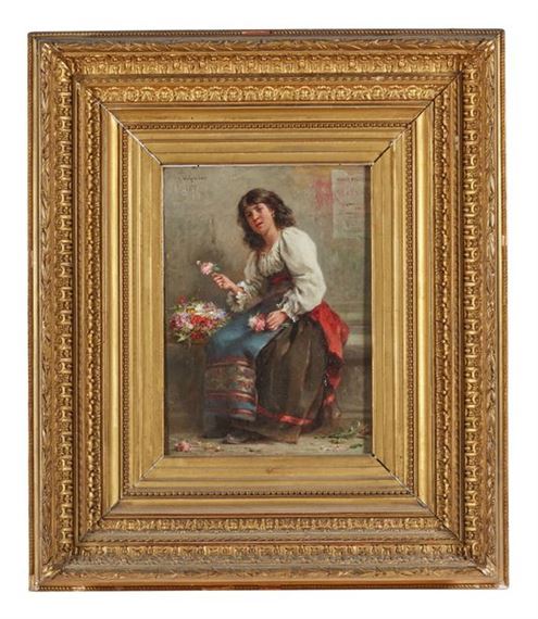 The flower girl Oil on panel by Charles Baptiste Schreiber, dated 1878
