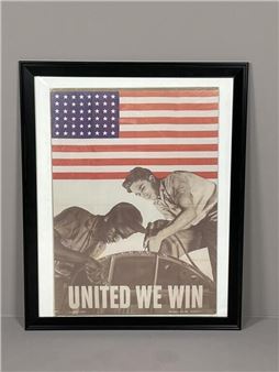 Framed copy of an original "United We Win" World War II poster - Howard Liberman