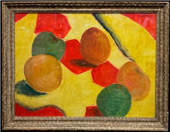 A vibrant still life painting featuring stylized fruit against a bold yellow background.