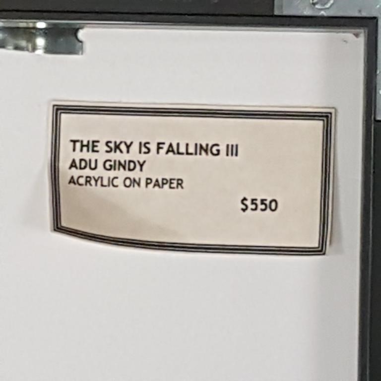 Artwork by Adu Gindy, paper "The Sky is Falling" 24 1/4" x 32 1/4" O.D., Made of acrylic