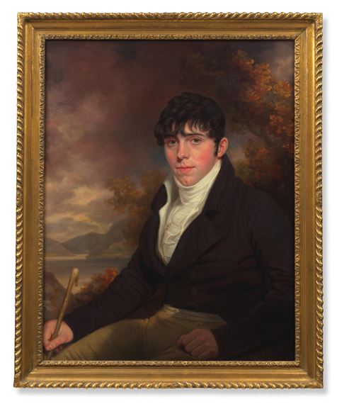Artwork by Peter Paillou, Portrait of John Liven, half-length, seated in a landscape; and Portrait of his sister Ann, half-length, in a white dress seated in a landscape, Made of a pair, oil on canvas